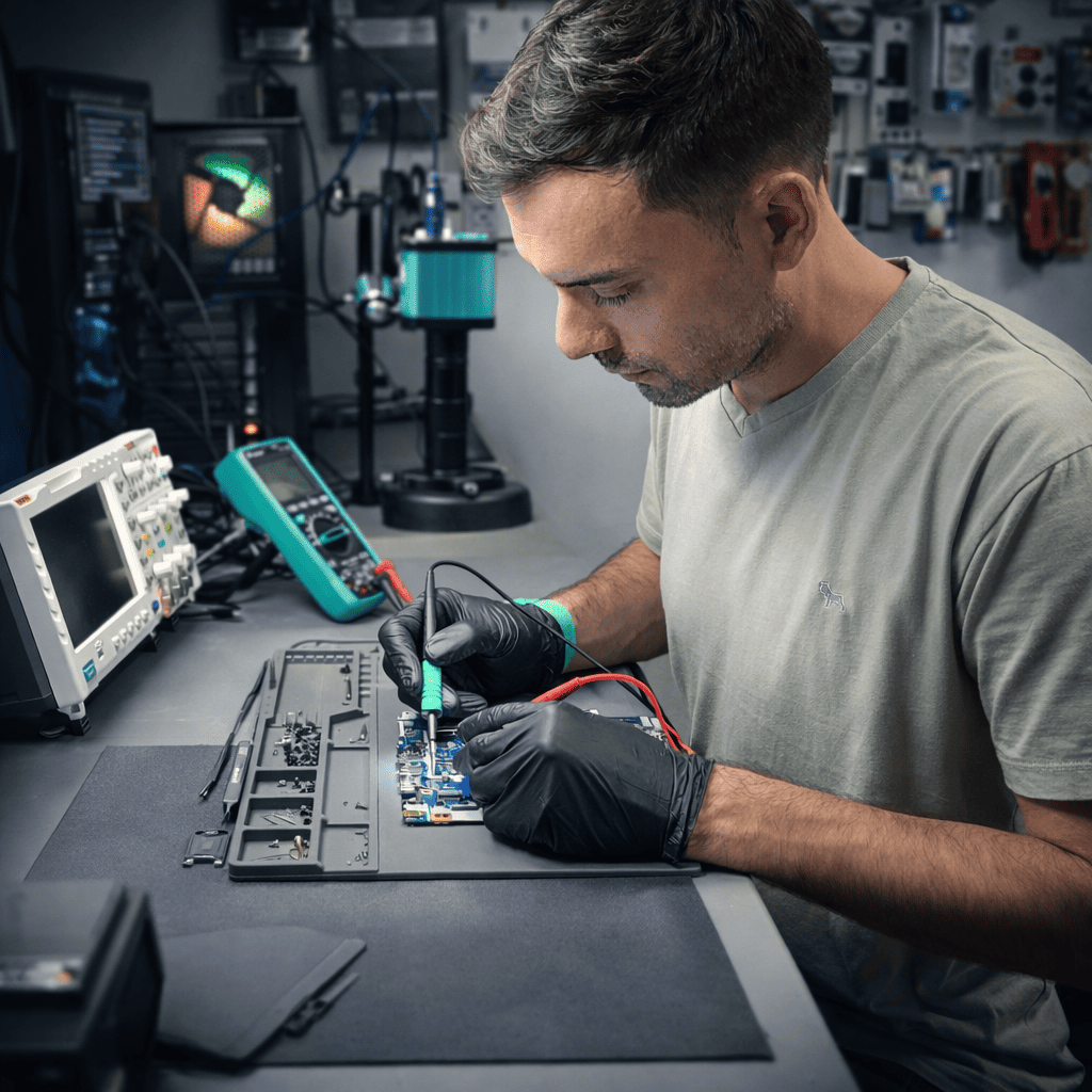 Profesor de ZonaPC realizando mediciones electrónicas en una placa de notebook